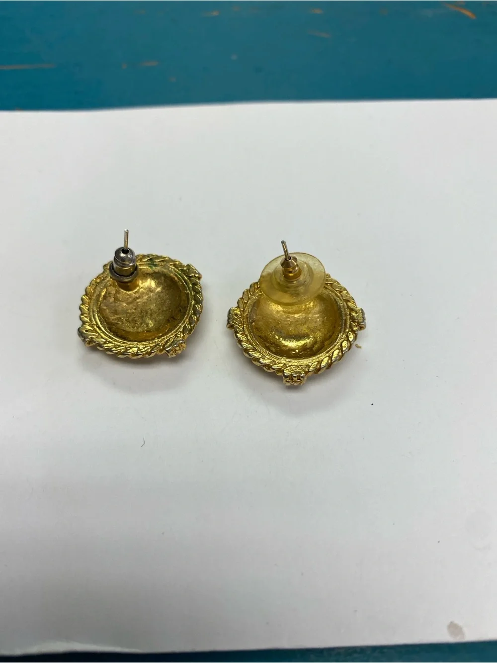 Vintage Gold-Tone Sailing Ship Round Button Earrings in Cream. Enamel